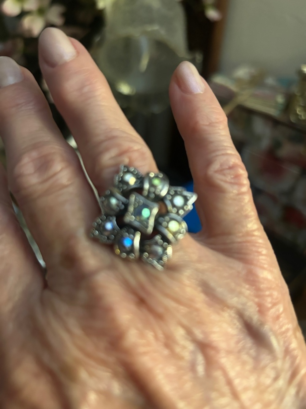 Vintage-Inspired Abalone color crystal & Marcasite Statement Ring – Boho Chic